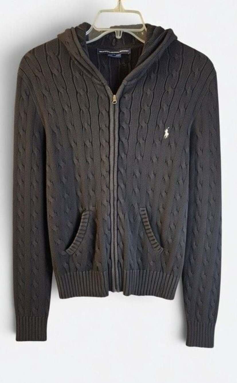 Ralph Lauren Sport Cable Knit Full-Zip Cotton Hoodie Sz L